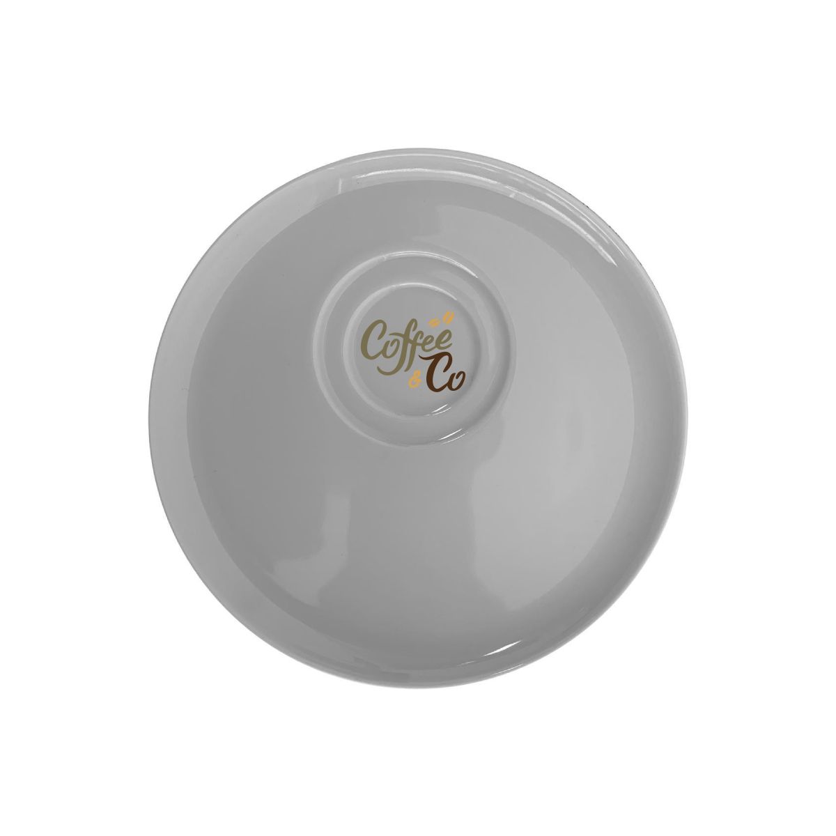 Porselein Delta schotel 15 cm met CoffeeCo logo in meerdere kleuren op het vooraanzicht, bedrukte koffieschotel.