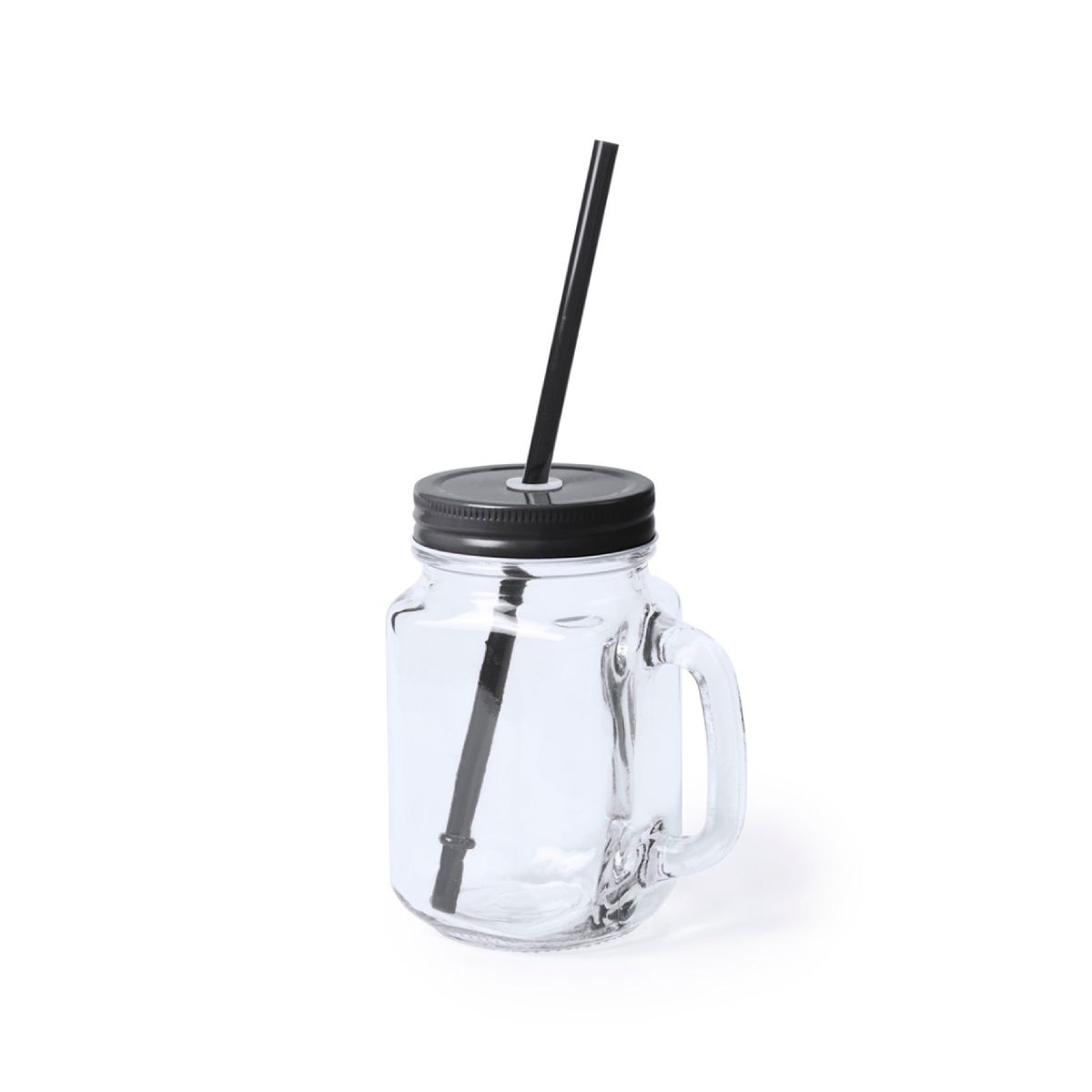 Drink Jar Country 48 cl glas met zwart deksel in vooraanzicht, transparante drinkbeker met schroefdeksel.