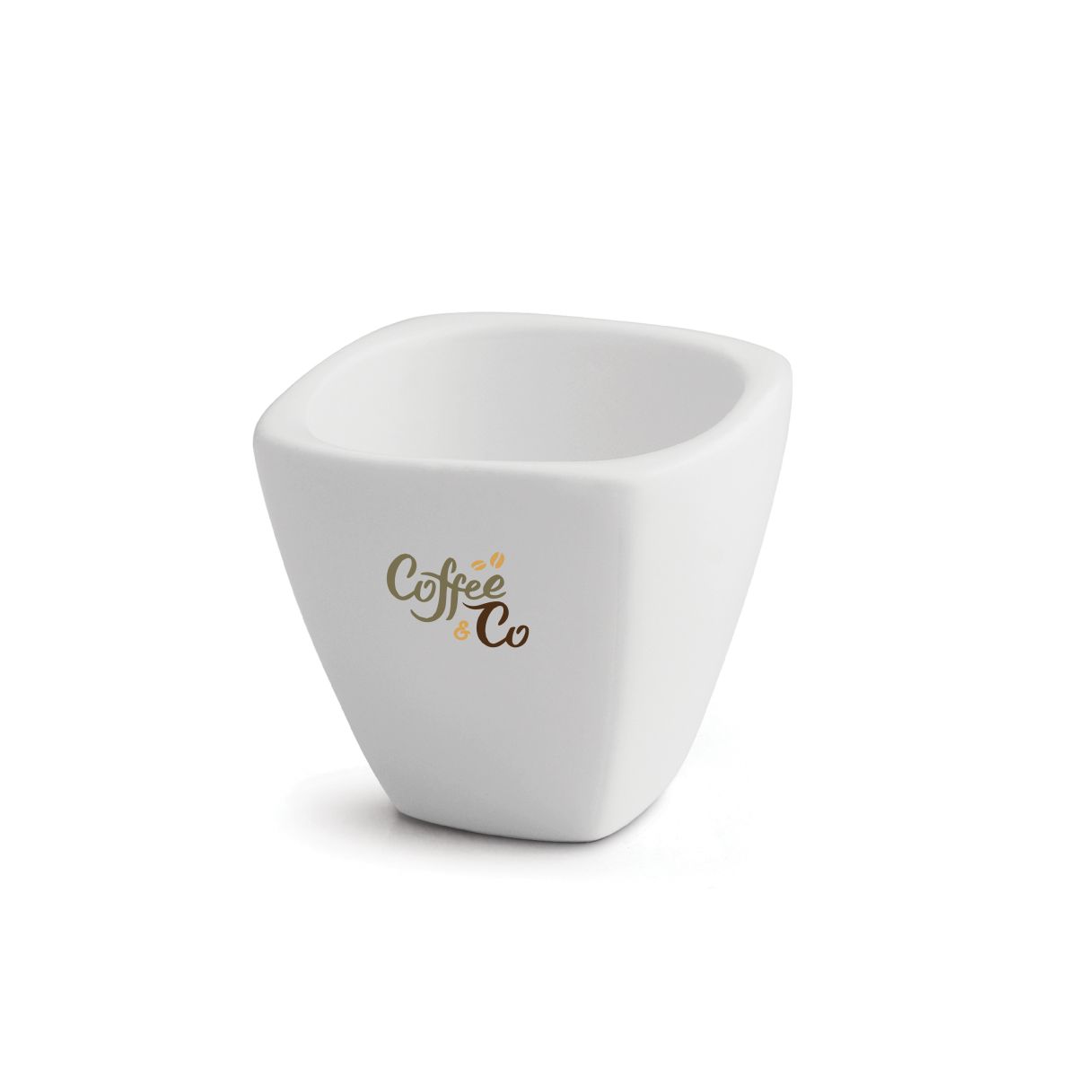 Eierdopje Squito van porselein met meerkleurig CoffeeCo logo op het vooraanzicht.