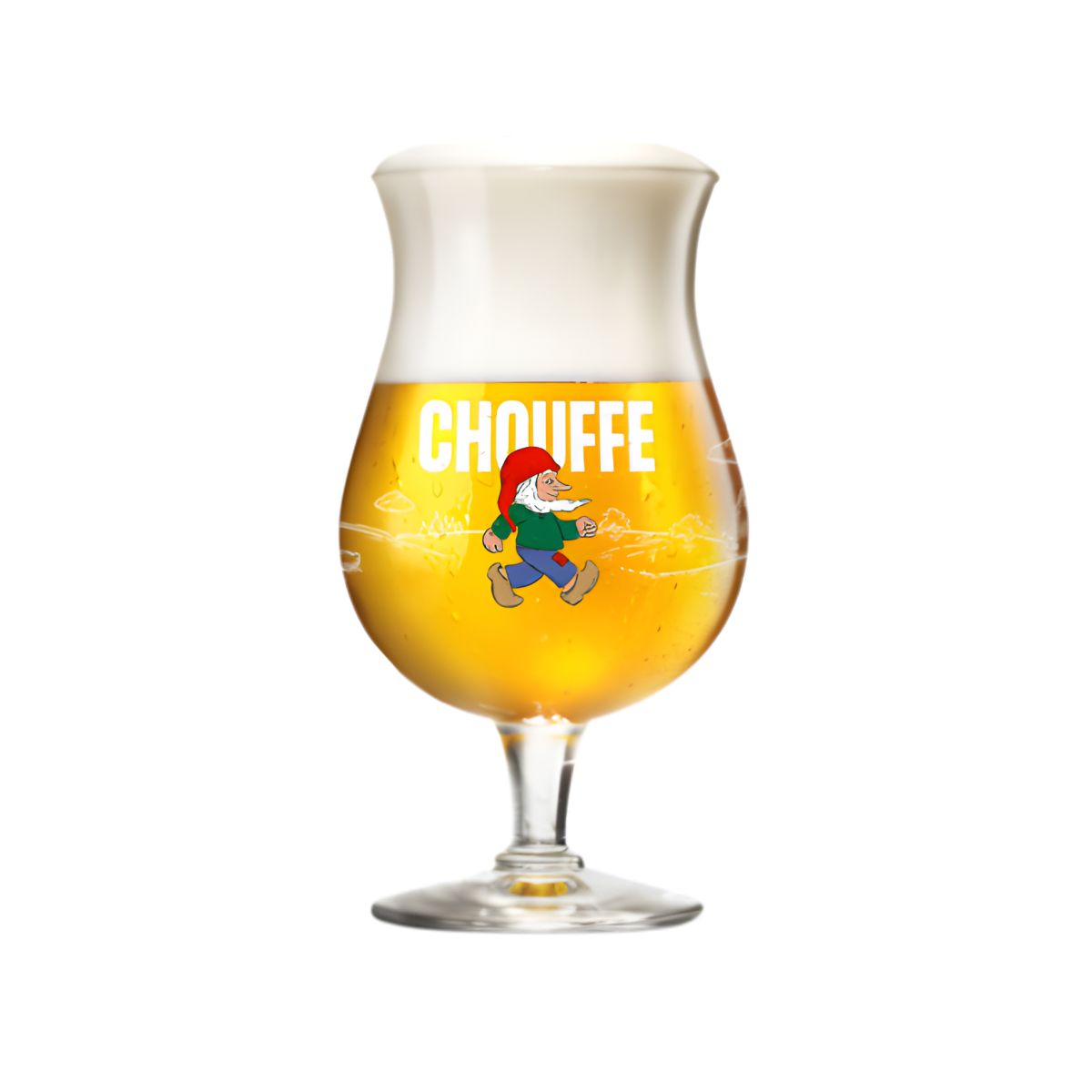 Vooraanzicht van La Chouffe bierglas 33 cl van helder glas met kenmerkende bolle vorm en stevige voet