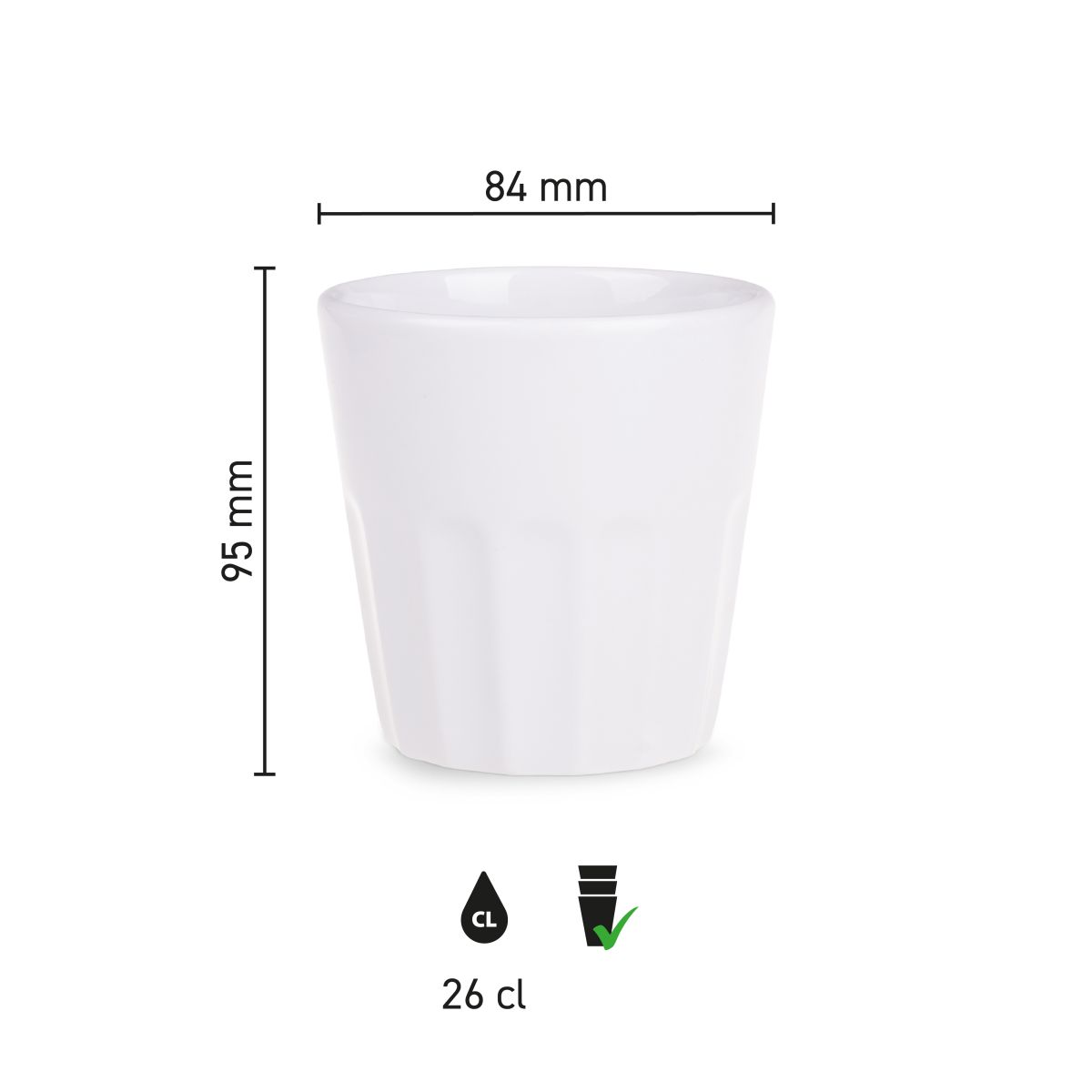 Overzicht van productafmetingen van Noble beker 26 cl porselein in infographic.