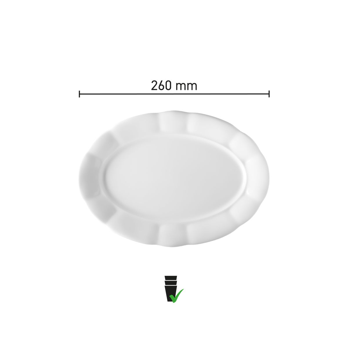 Infographic met productafmetingen van schaal Bernice 26 cm in wit porselein.