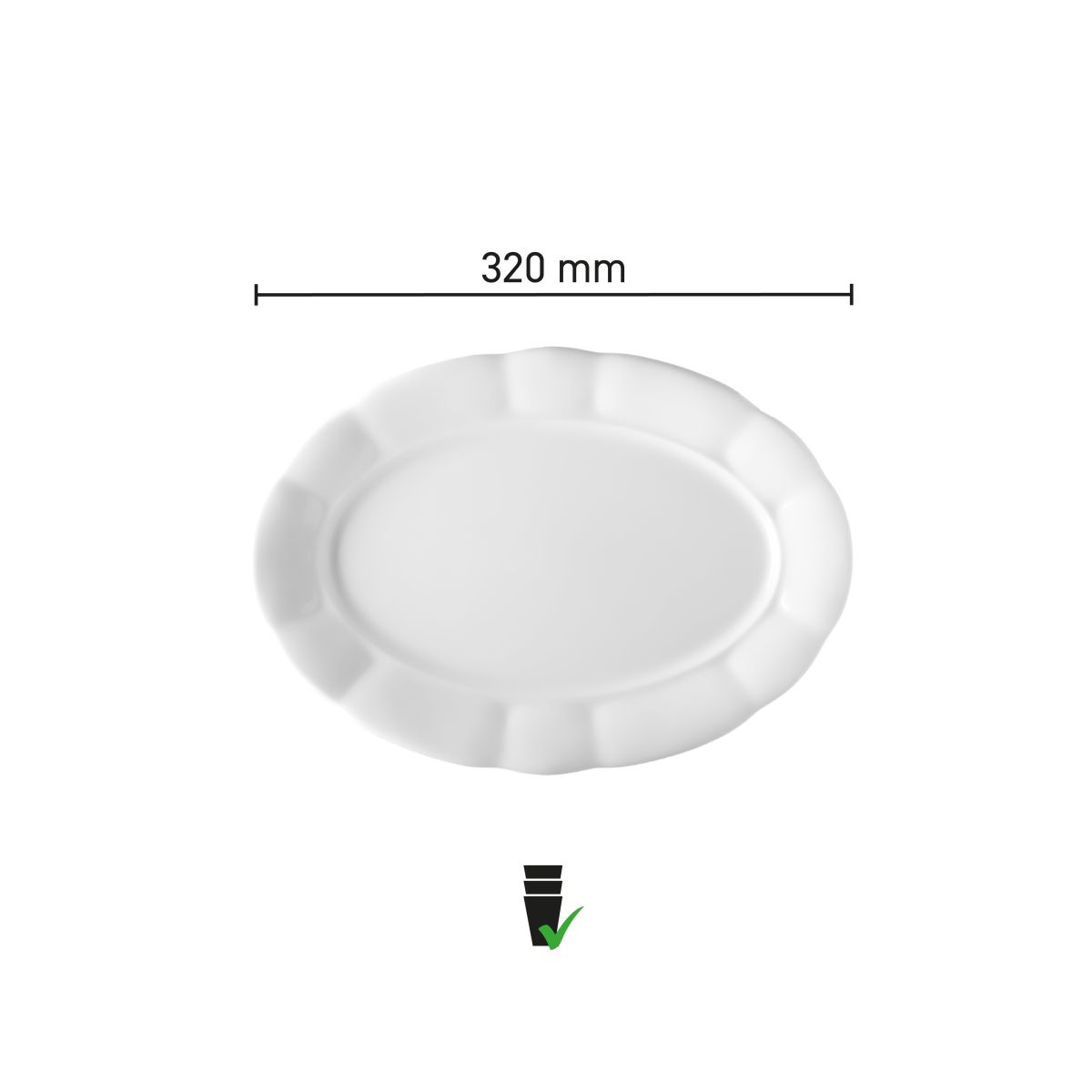 Infographic met productafmetingen van schaal Bernice 32 cm in wit porselein.