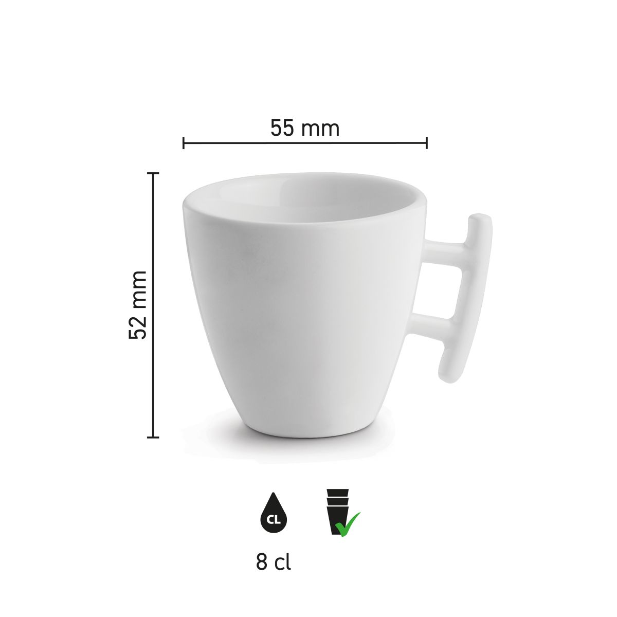 Infographic met productafmetingen van de Squito espressokop 8 cl van porselein.