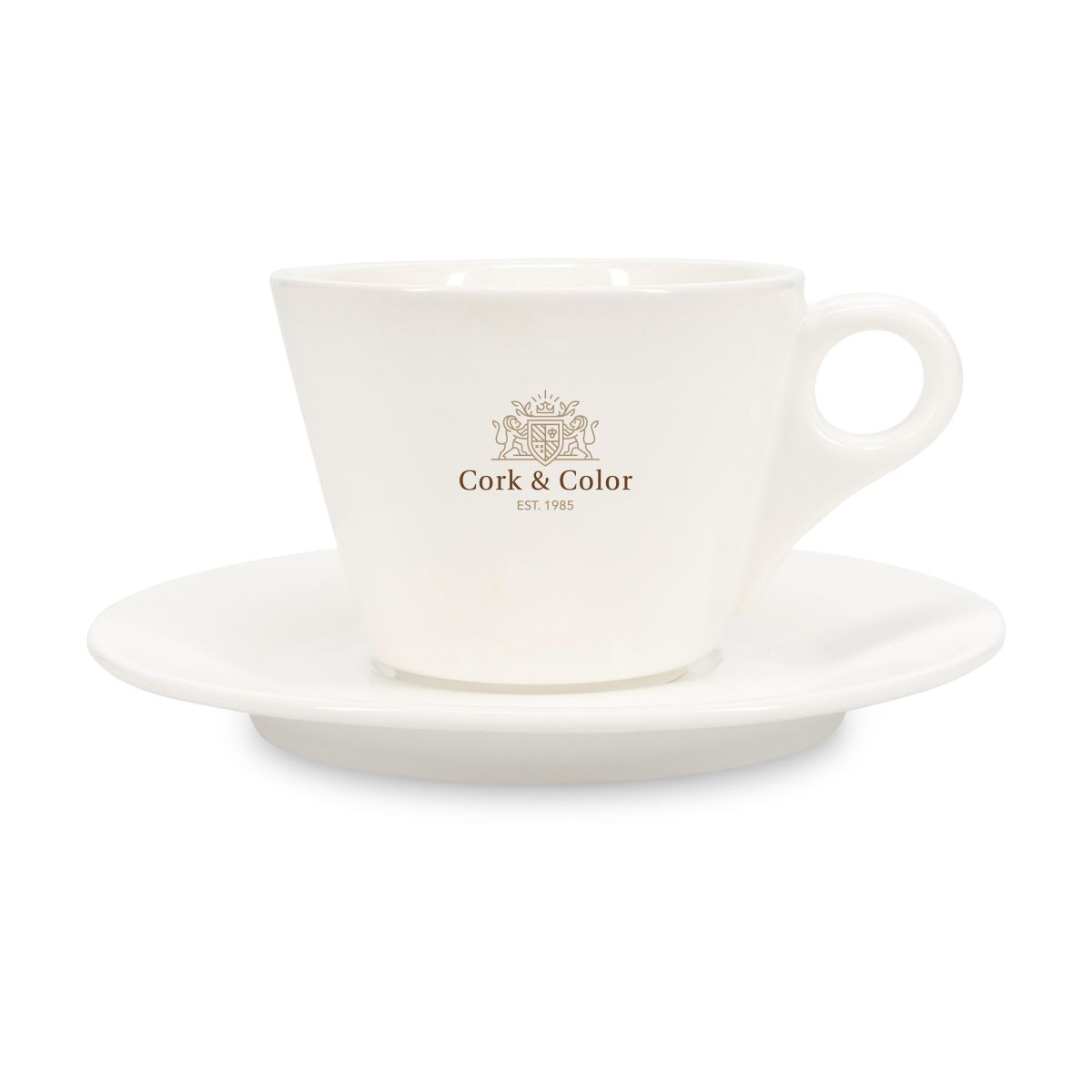 Porseleinen SET Baristo Cappuccino 21 cl. met meerkleurig CorkColor-logo op het vooraanzicht van de kop.