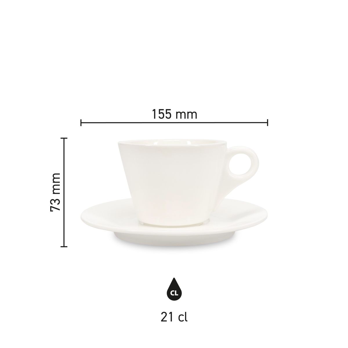 Infographic toont hoogte, diameter en inhoud van Baristo Cappuccino 21 cl. SET porselein.