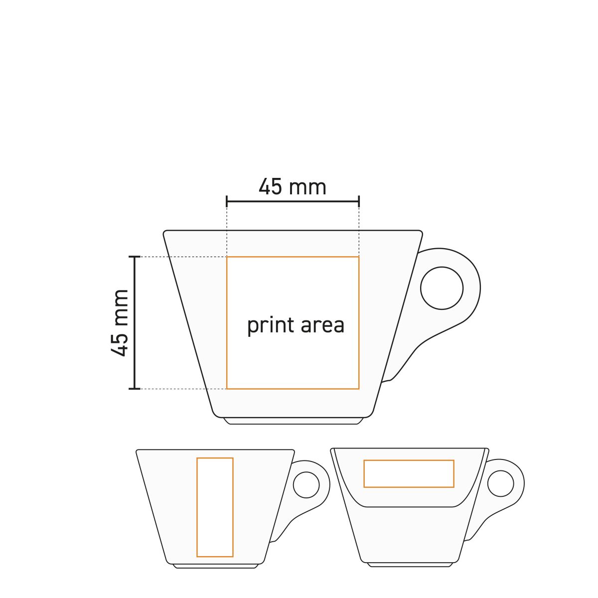 Gedetailleerde werktekening van drukgebied op de Baristo Cappuccino Kop 21 cl. porselein, inclusief logopositie.