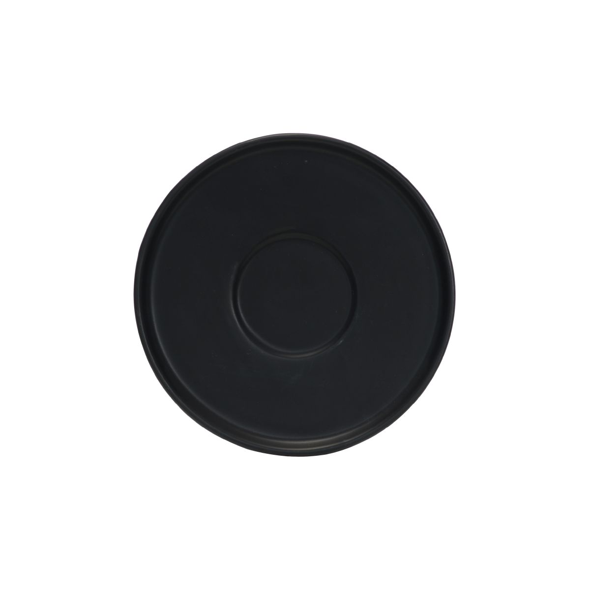 Vooraanzicht van de Blackwell schotel voor dubbele espresso van 14 cm, gemaakt van porselein met een glad en rond ontwerp.