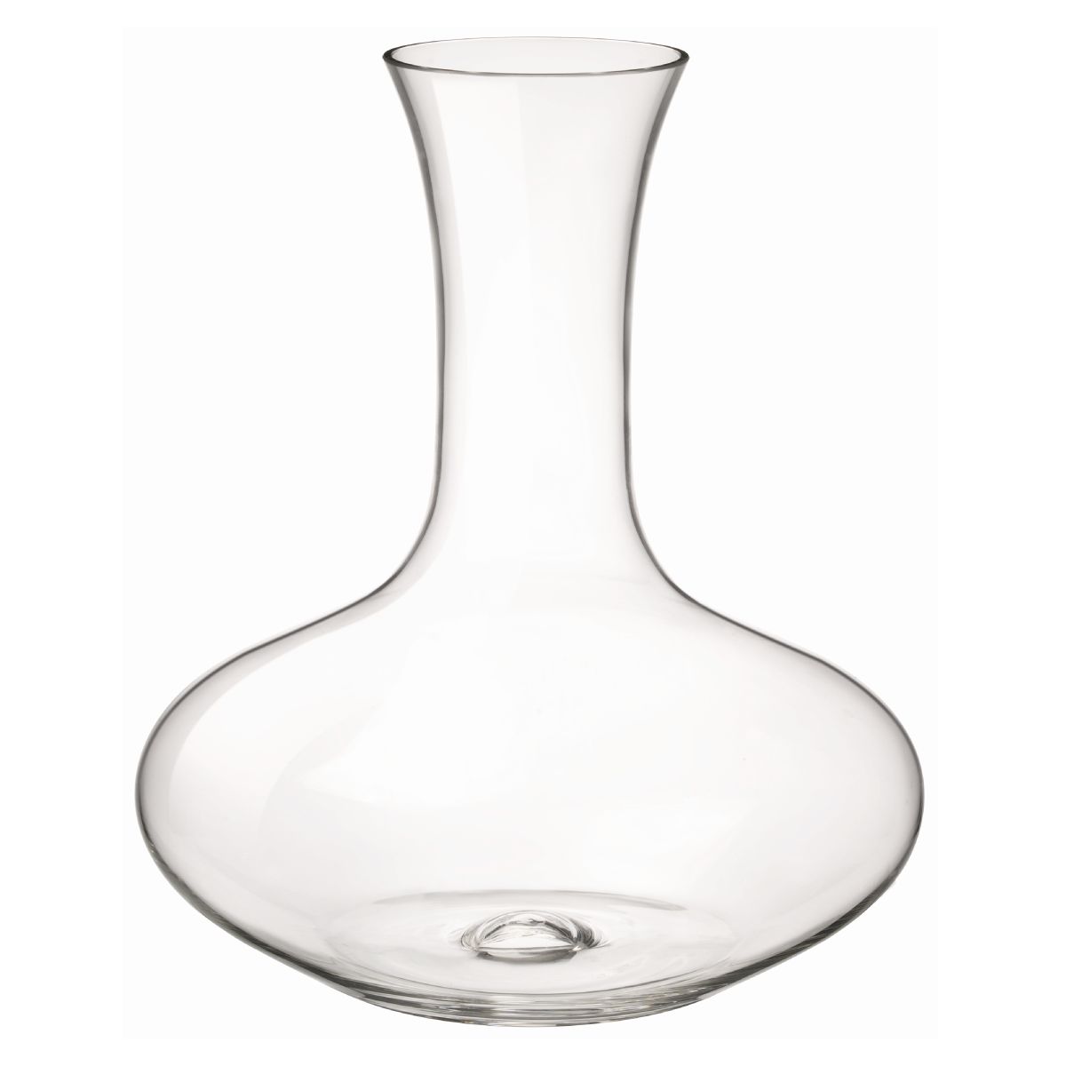 Glazen decanteerkaraf Electra van 1,6 liter in recht vooraanzicht, met brede hals en ronde bodem.