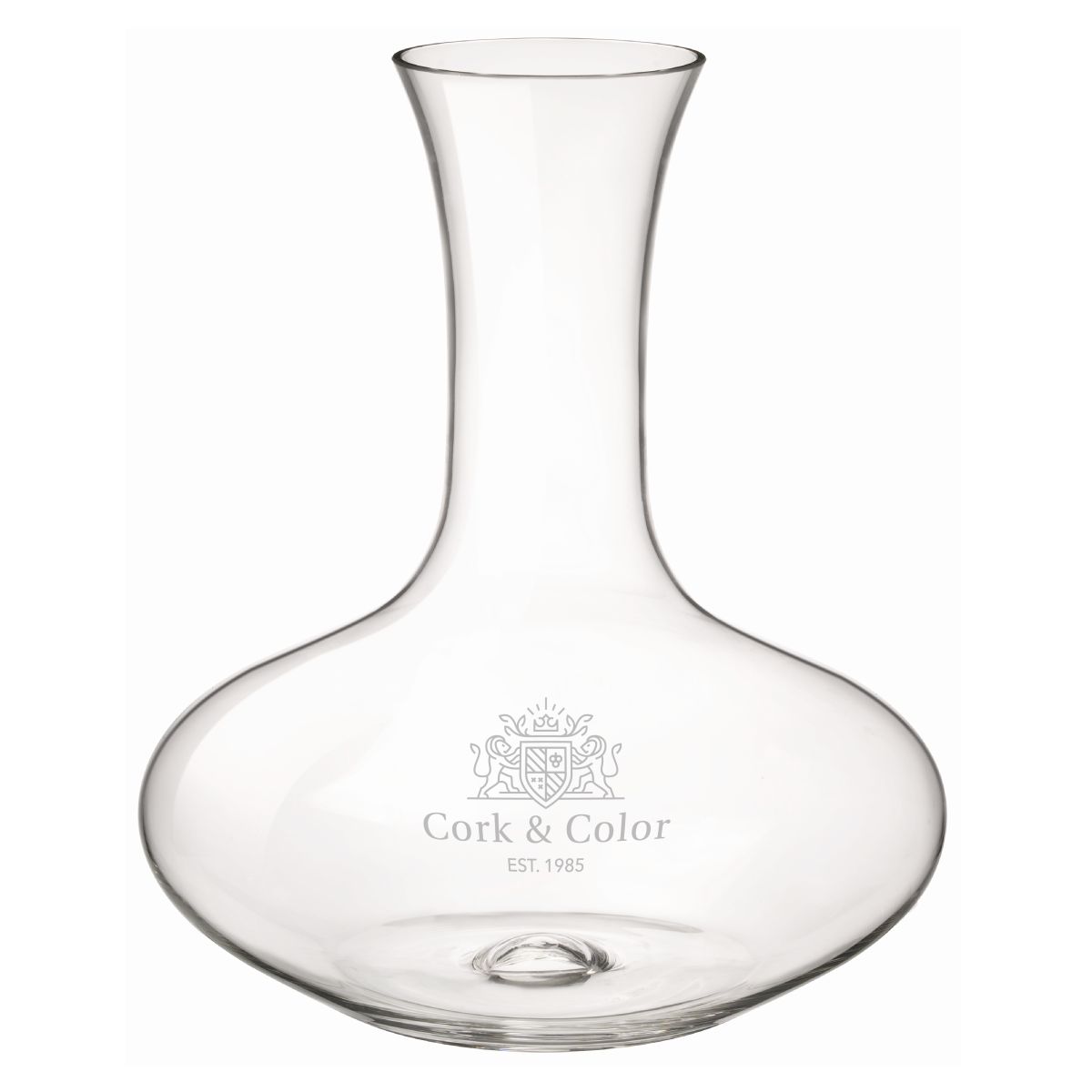 Glazen Electra-karaf van 1,6 liter met gegraveerd CorkColor-logo zichtbaar op de voorzijde.