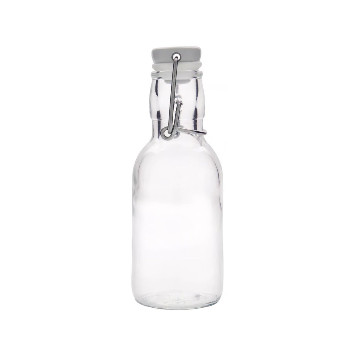 Emilia fles met beugel 0,25 liter in helder glas, recht van voren in beeld gebracht.