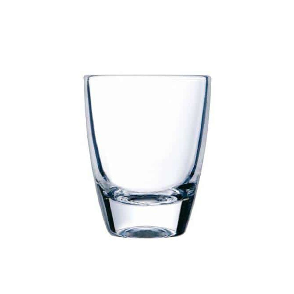 Vooraanzicht van transparant gin shotglas 5 cl van glas met cilindrische vorm en gladde rand.