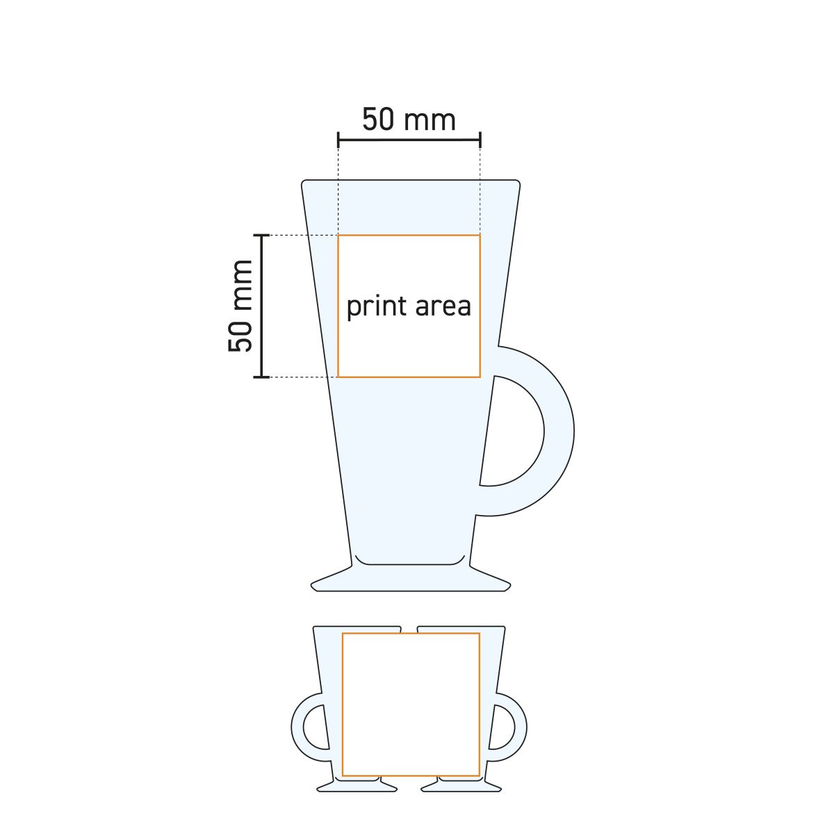 Technische werktekening van het Irisch Coffee Acapulco 28 cl glas met drukgebied-aanduiding