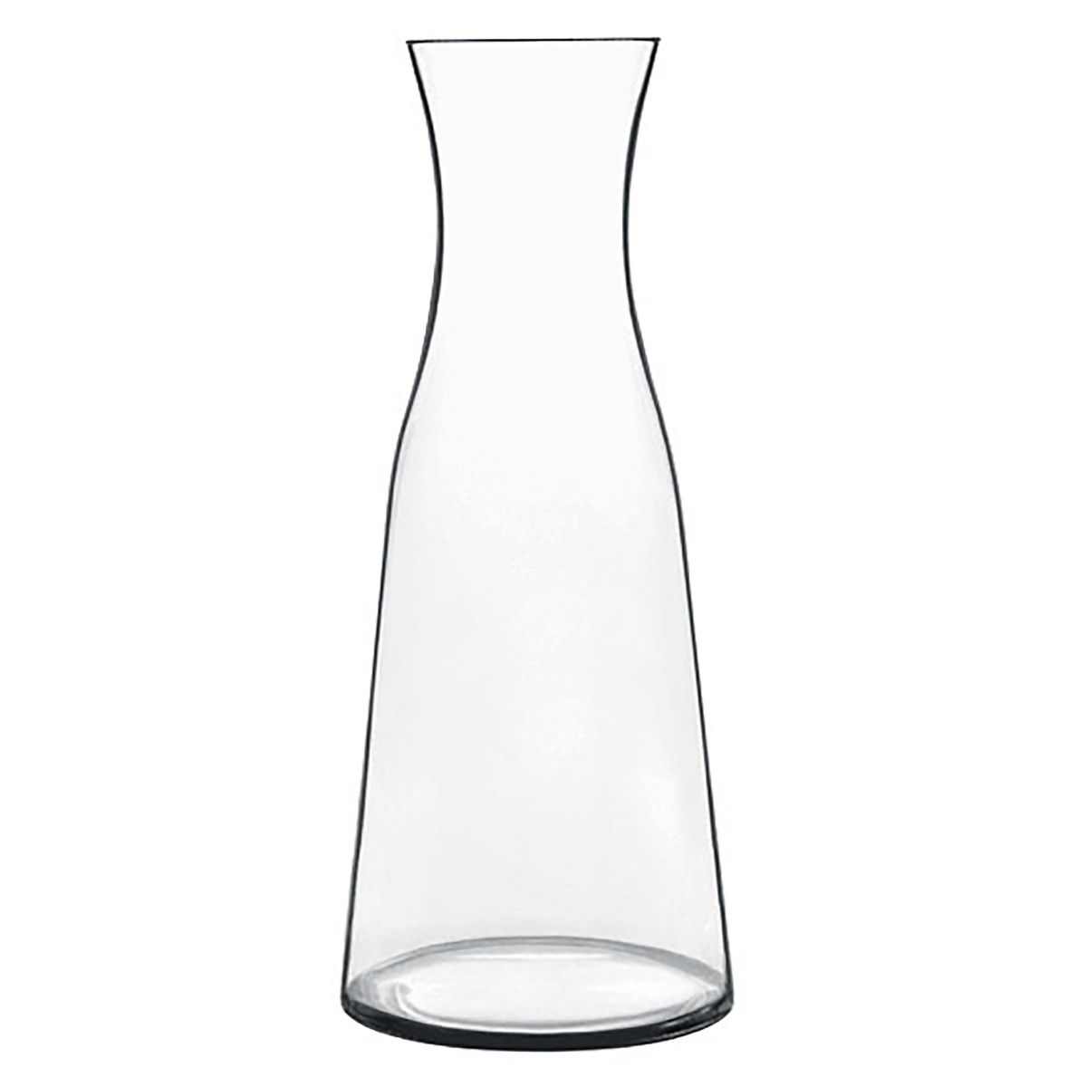 Glazen karaf Atelier 1 liter in frontaal aanzicht met lange hals en transparant, cilindervormig ontwerp.