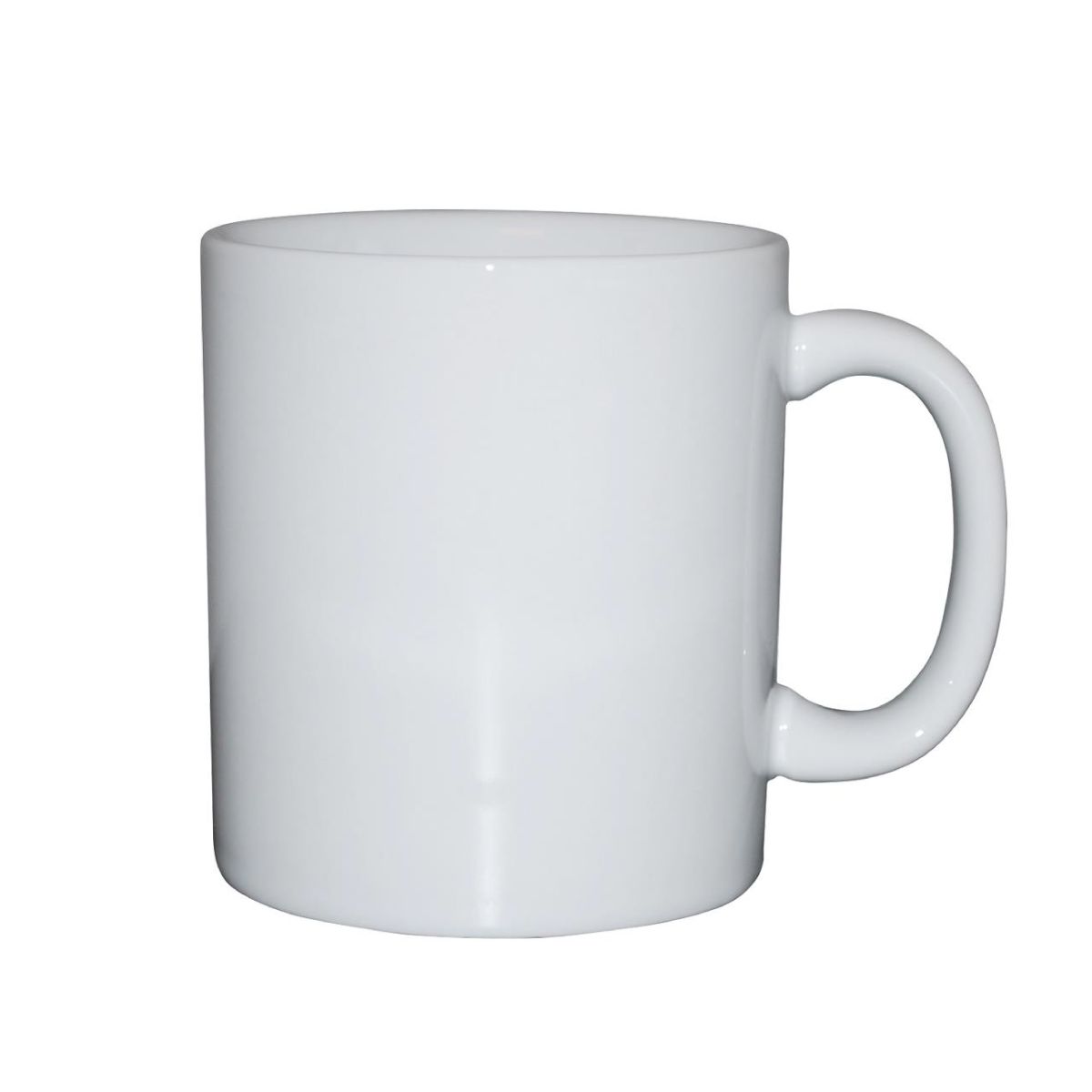 Vooraanzicht van witte Kitty mok 30 cl in porselein, met zicht op de gladde cilindrische vorm en brede oor.