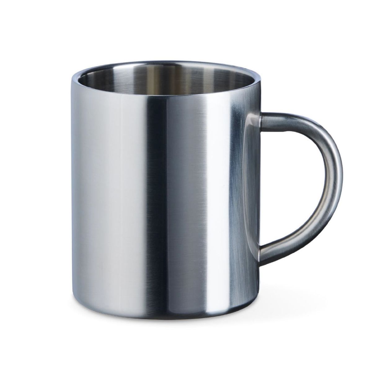 De Kitty mok van 30 cl toont in vooraanzicht een glanzende RVS afwerking en compact ontwerp. De Kitty mok van 30 cl toont in vooraanzicht een glanzende RVS afwerking en compact ontwerp.