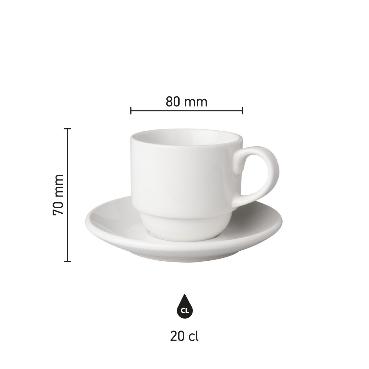 Infographic met productafmetingen van kop en schotel wit Budgetline Breed 20 cl porselein set.