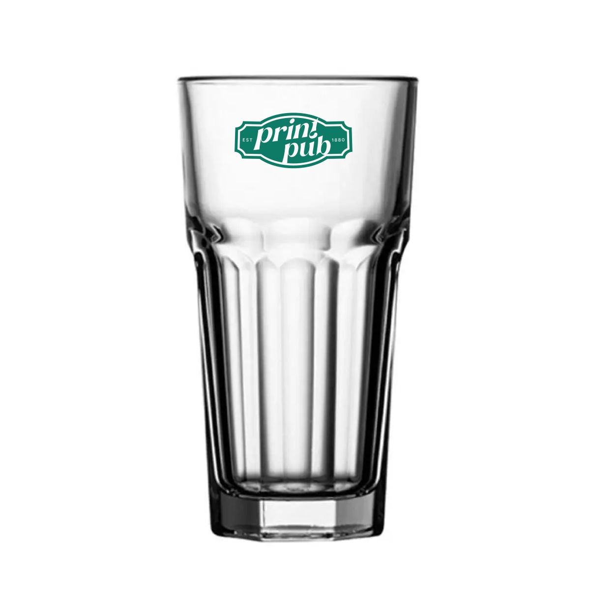 Latte Macchiato hoog 30 cl. (137 mm), met enkelkleurig PrintPub-logo op de voorzijde.