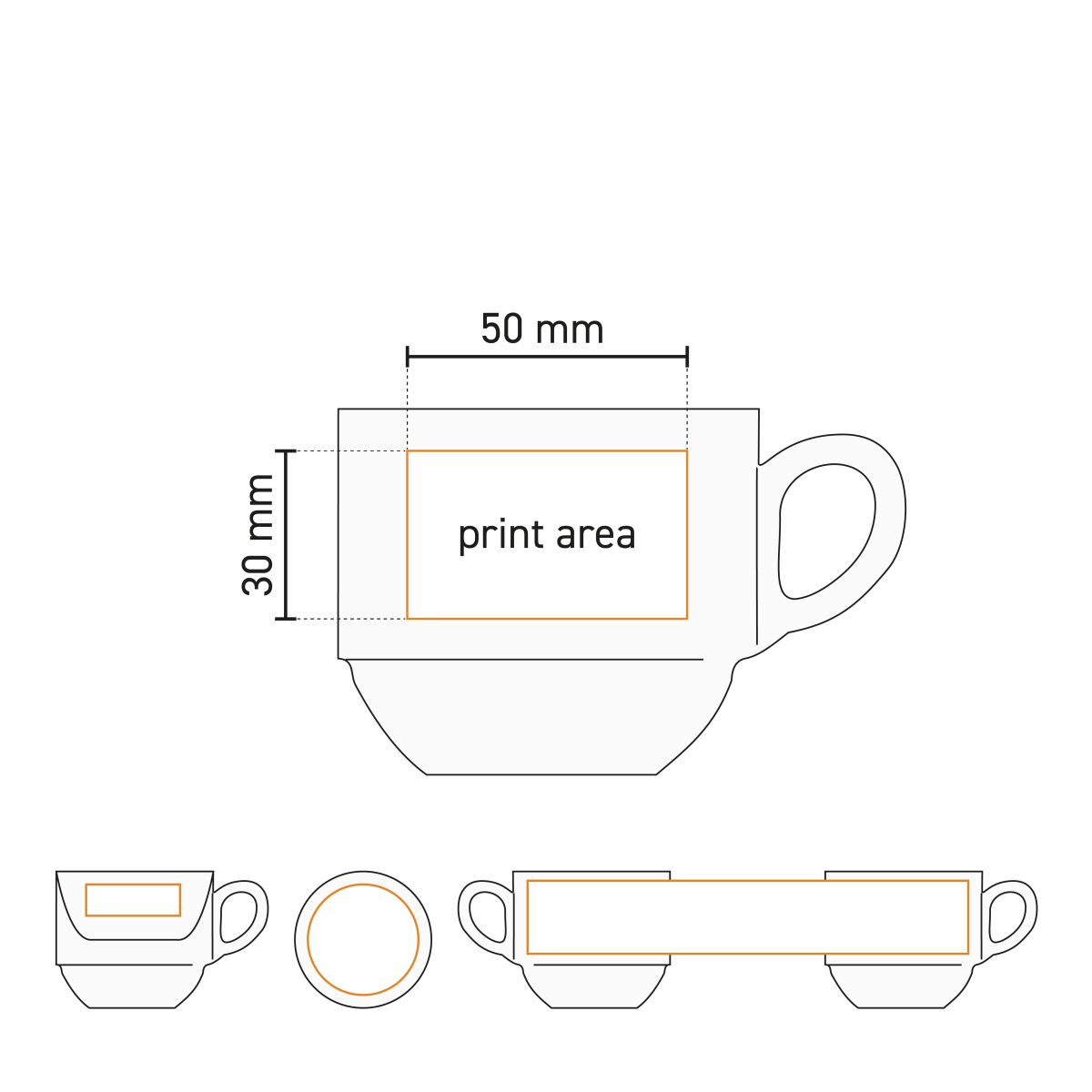 Technische tekening toont bedrukbare zone op porseleinen koffie kop Legio 16 cl.