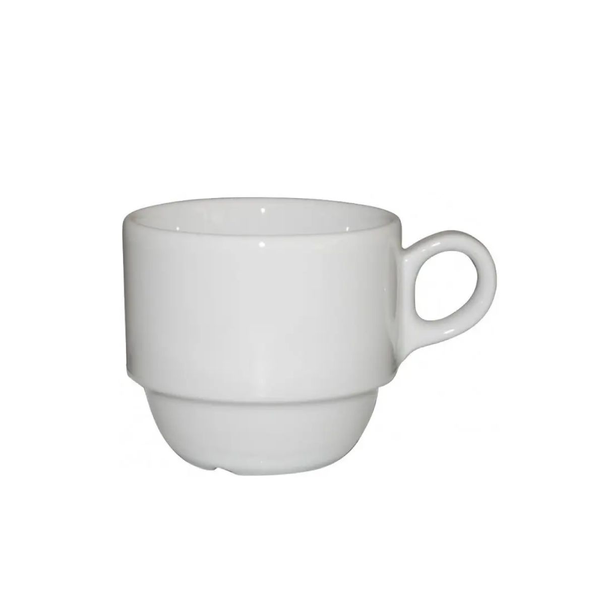 Vooraanzicht van witte porseleinen koffie kop Legio 16 cl met rond oor en smalle voet. Vooraanzicht van witte porseleinen koffie kop Legio 16 cl met rond oor en smalle voet.