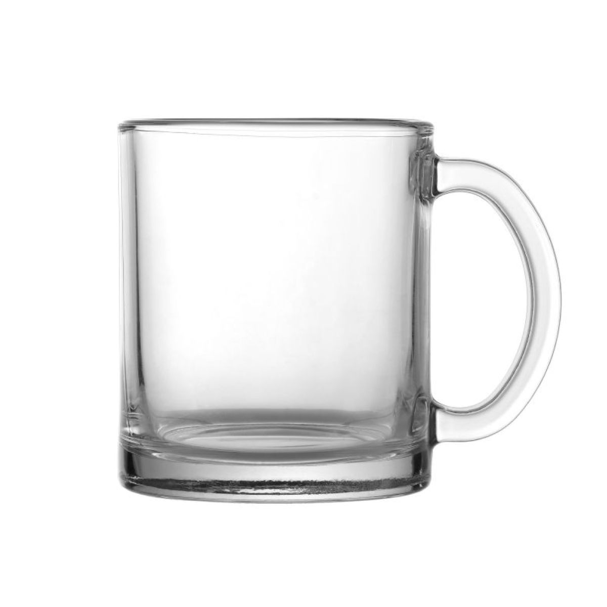 London glazen mok 32 cl. met oor in vooraanzicht zonder bedrukking, transparant glas voor warme dranken