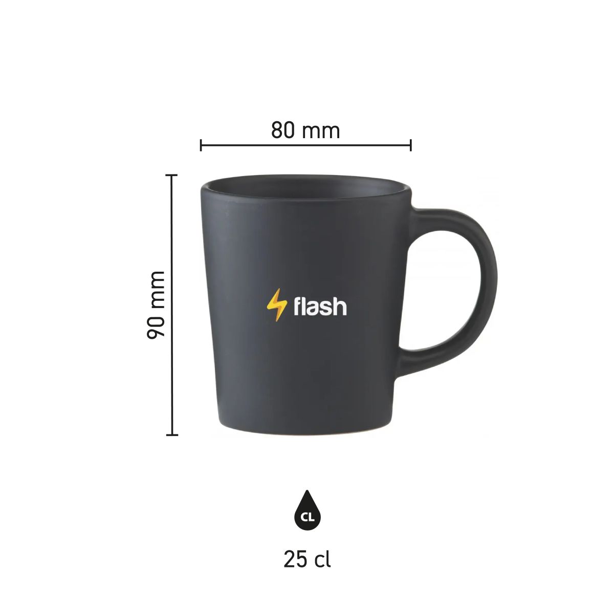 Infographic toont exacte afmetingen van mok Ponti 25 cl. gemaakt van mat keramiek.