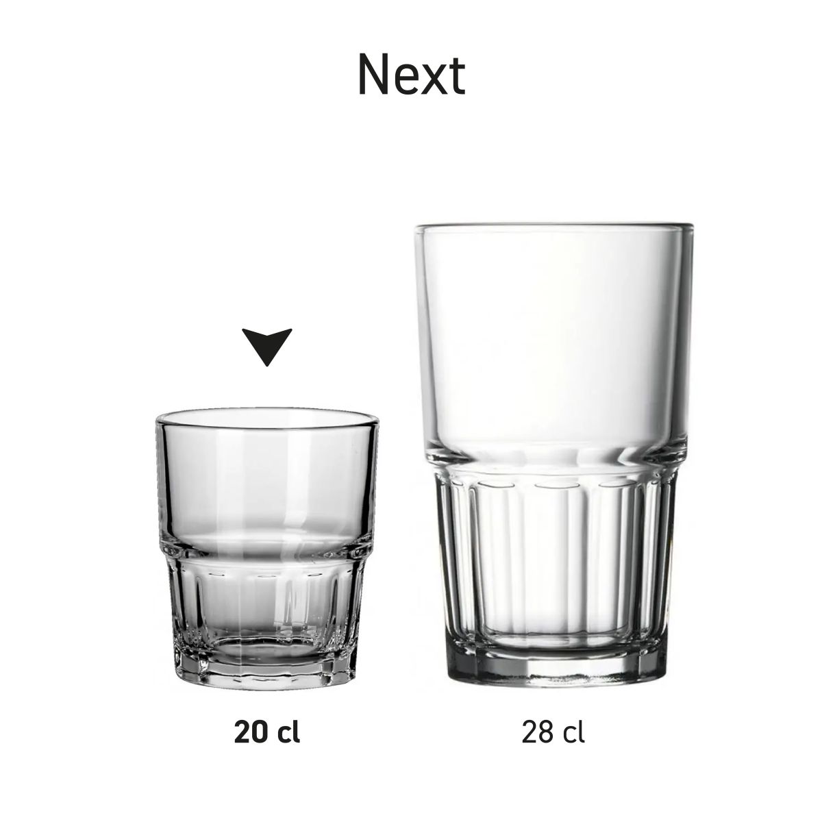 Overzicht van meerdere Next drinkglazen uit dezelfde serie, uniform gerangschikt.