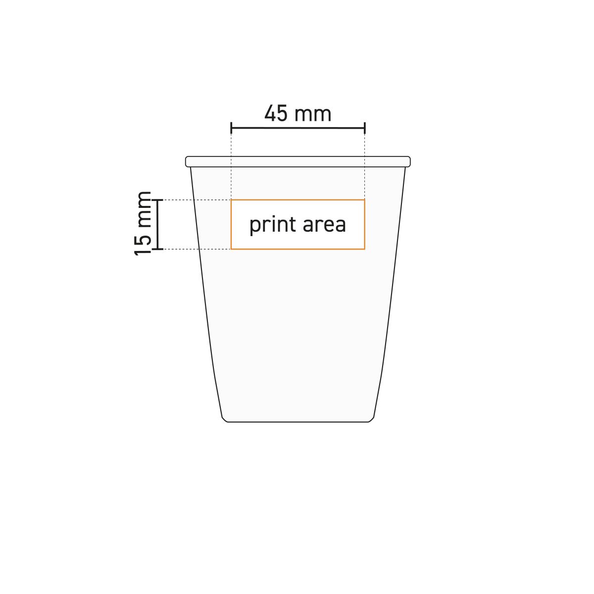 Technische werktekening met drukgebied op papercup porselein 35 cl. gemarkeerd.