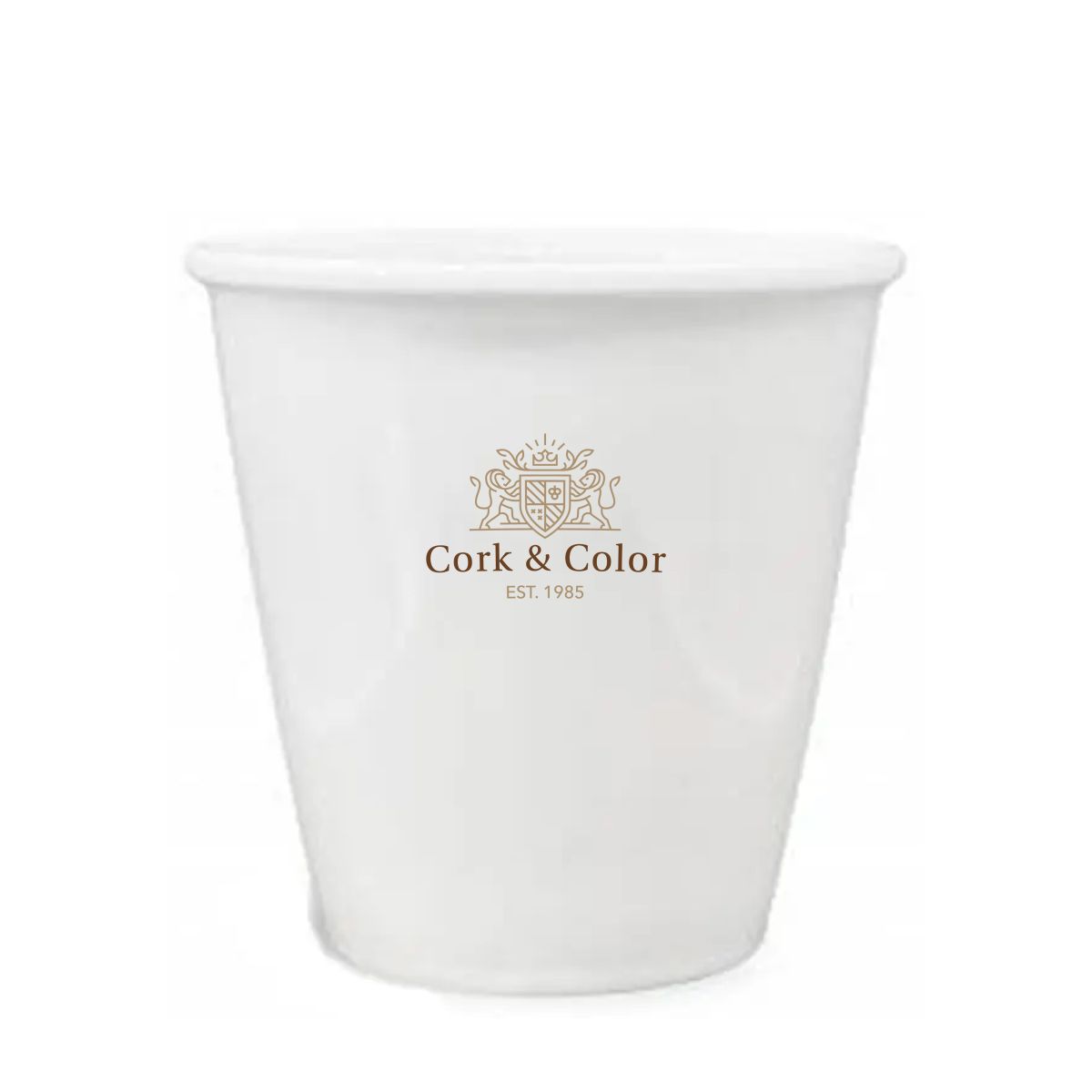Papercup porselein 35 cl. bedrukt met meerkleurig CorkColor-logo zichtbaar aan de voorkant.