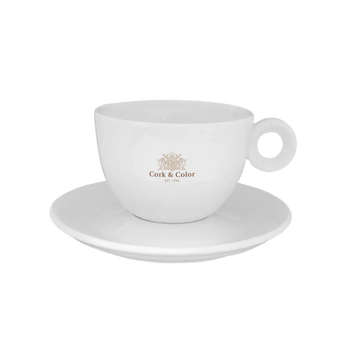 Rondo Cappuccino 20 cl. porseleinen set met meerkleurig CorkColor-logo zichtbaar op het voorvlak.