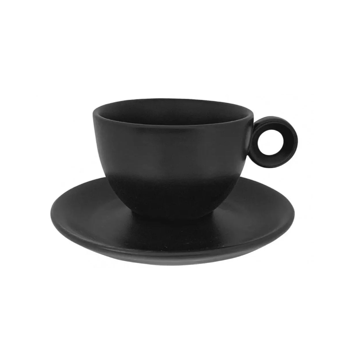 Matzwarte porseleinen Rondo cappuccinoset 20 cl. met kop en schotel recht van voren afgebeeld.