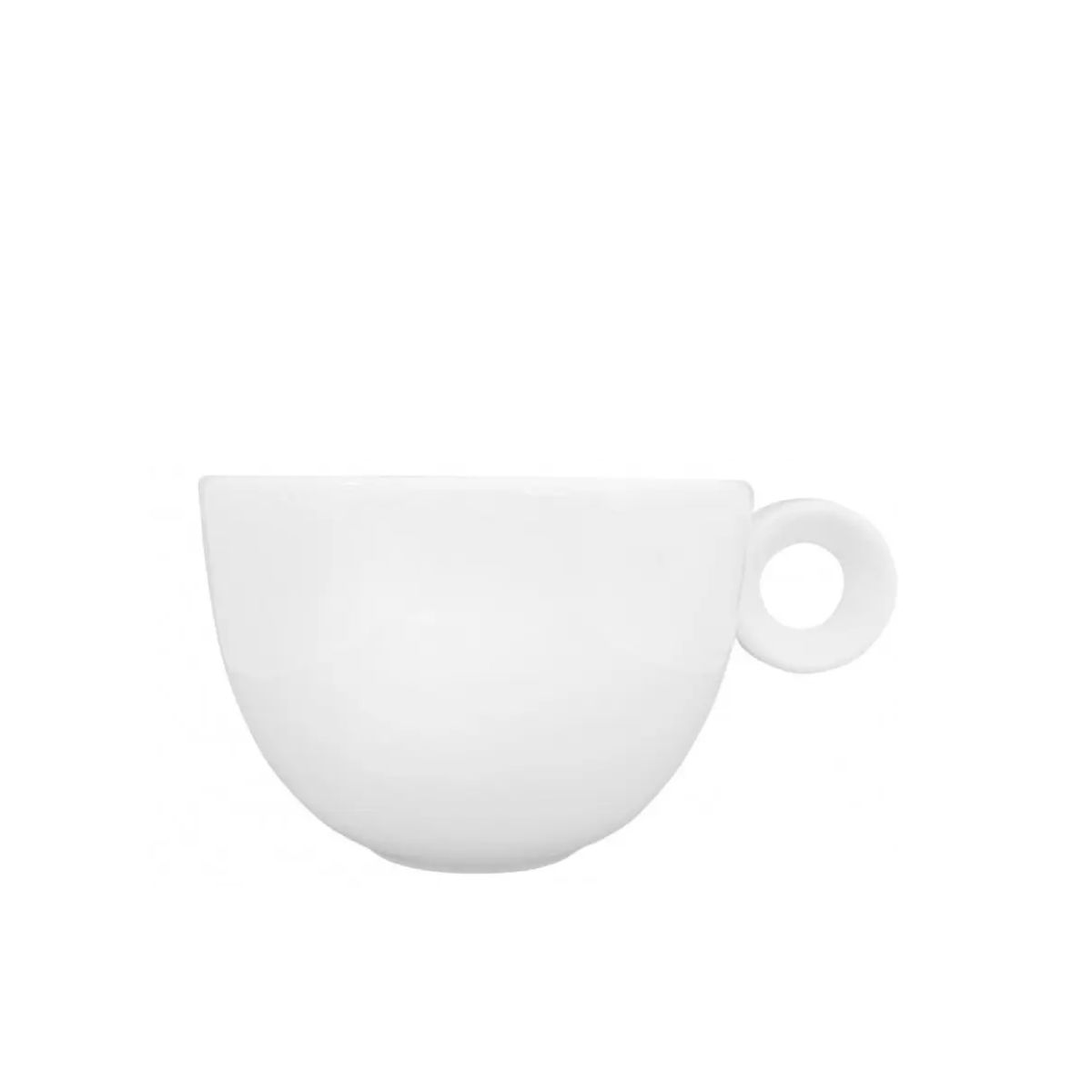 Vooraanzicht van witte porseleinen Rondo Koffie kop 15 cl. met ronde vorm en klassiek oor. Vooraanzicht van witte porseleinen Rondo Koffie kop 15 cl. met ronde vorm en klassiek oor.