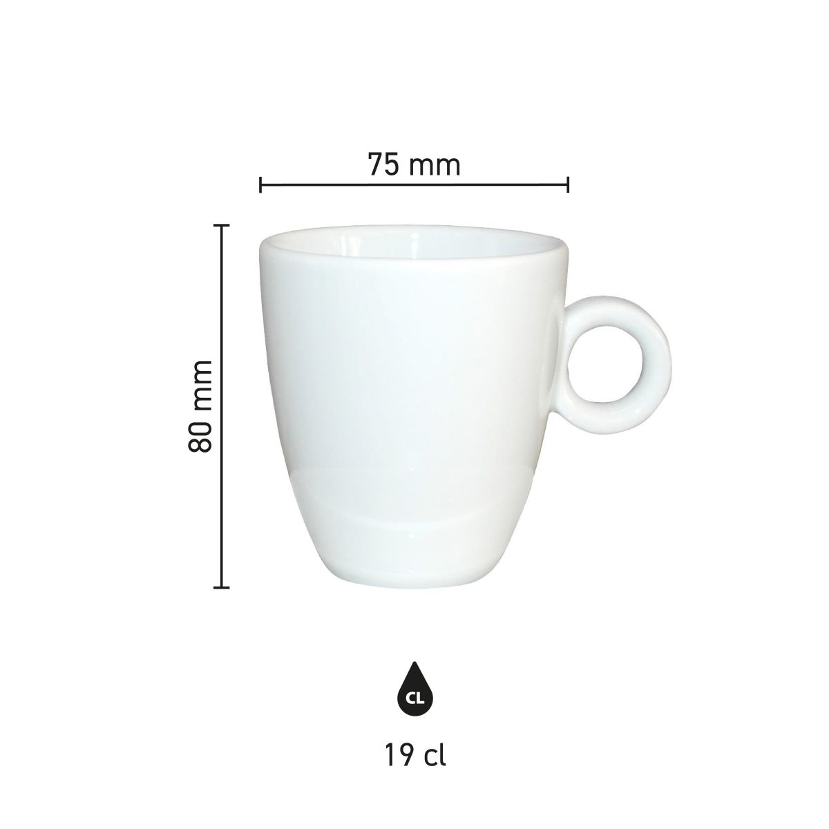 Infographic met maatvoering van porseleinen Rondo mok 19 cl. inclusief hoogte en diameter.