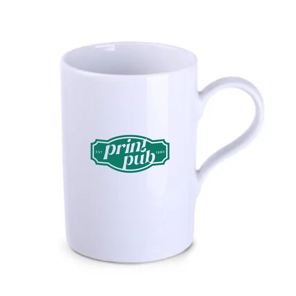 Porseleinen mok Tango 29 cl. met groen logo van PrintPub op de voorzijde, opdruk in één kleur.