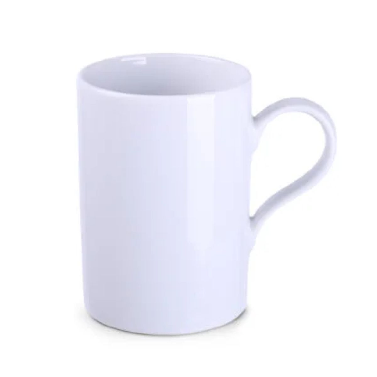 Witte porseleinen Tango mok van 29 cl in vooraanzicht, toont glad oppervlak en rechte cilinder.