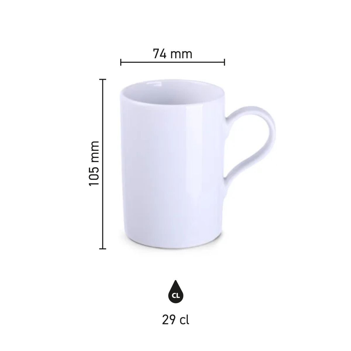 Infographic toont afmetingen van de porseleinen Tango mok 29 cl met duidelijke maatvoering.