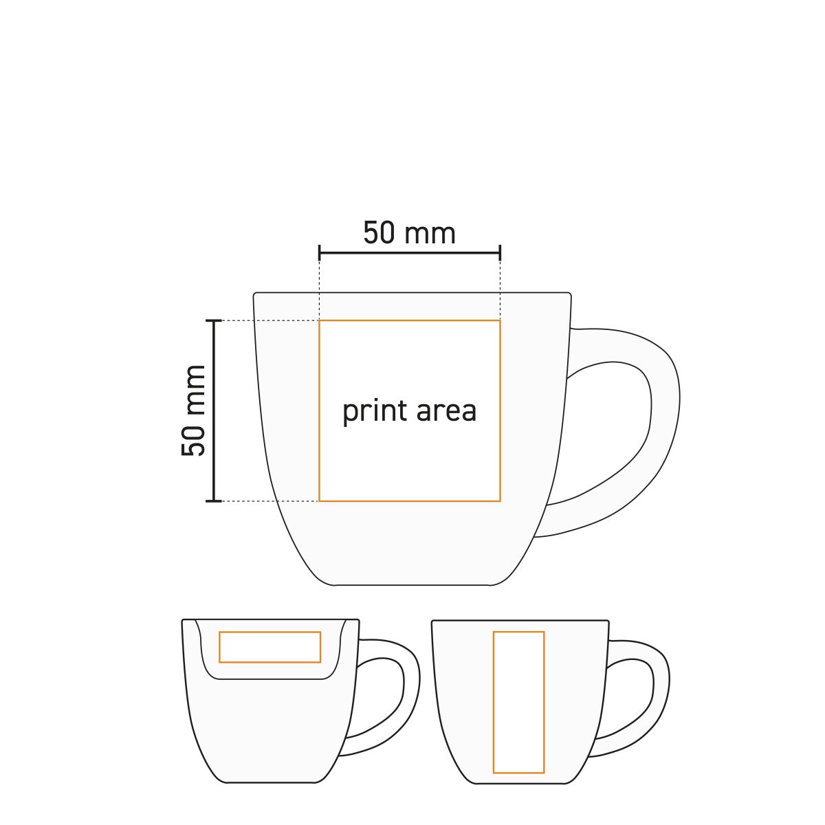 Gedetailleerde werktekening van porseleinen Uno mok 29 cl. met visuele aanduiding van drukvlak.