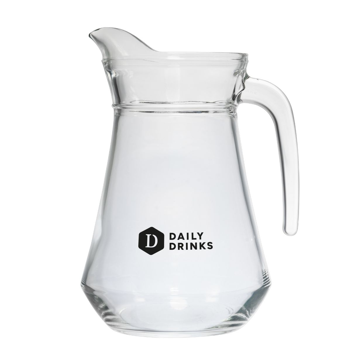 Broc Arc 1,3 liter waterkan van glas met DailyDrinks-logo in één kleur op het voorvlak gedrukt.