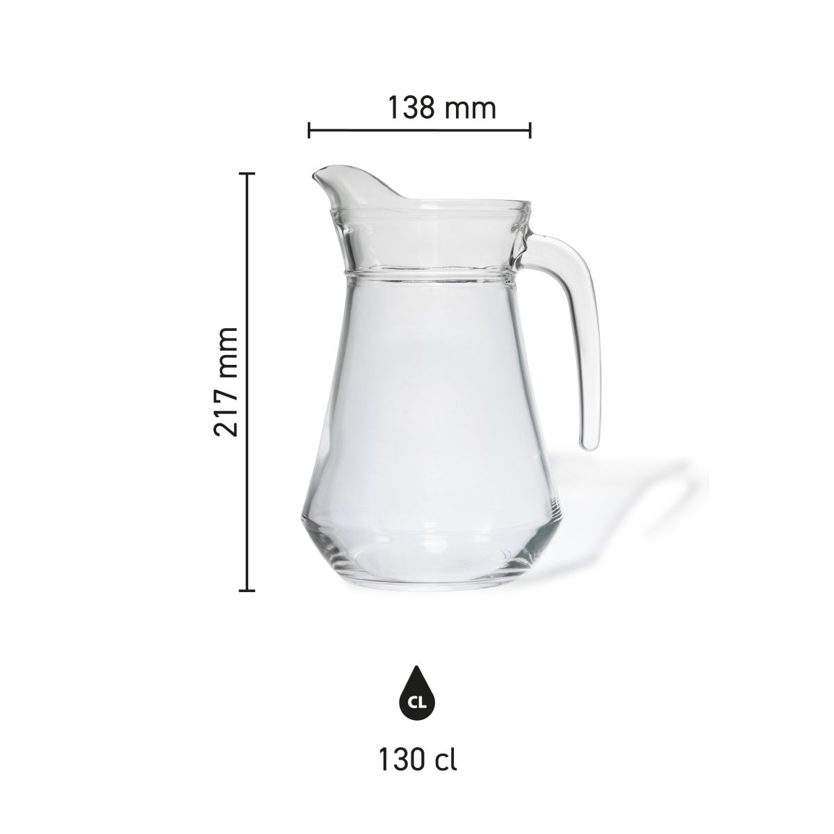 graphic toont hoogte, diameter en inhoud van glazen waterkan Broc Arc 1,3 liter.