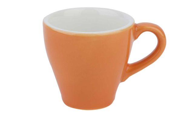 Oranje koffiekop en schotel Barista met bedrukoptie