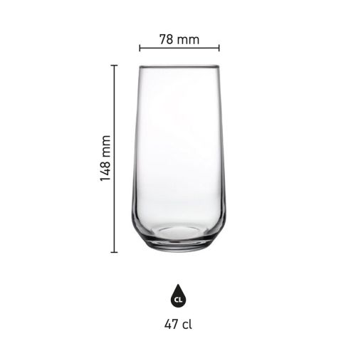 Infographic van Allegra longdrinkglas 47 cl in glas met afmetingen zoals hoogte en diameter weergegeven.