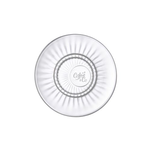 Gravure van CoffeeCo-logo zichtbaar op voorzijde van Barshine espresso schotel 14 cm glas.