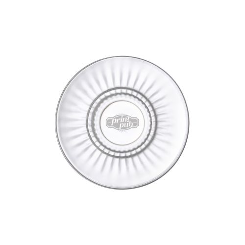 Gravure van PrintPub-logo op glazen Barshine koffieschotel 14 cm, zichtbaar in vooraanzicht.