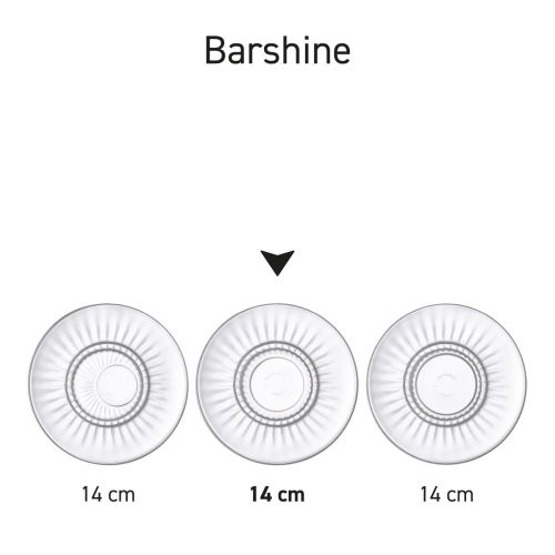 Serieoverzicht van Barshine schotels van 14 cm in glas met verschillende uitvoeringen.