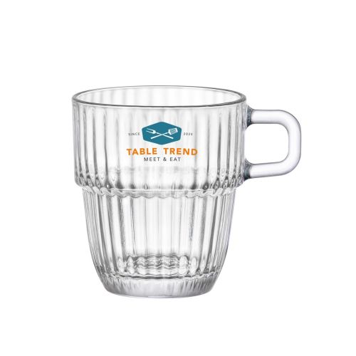 Voorzijde van Barshine Koffieglas 18,5 cl. met meerkleurig TableTrend-logo op het glas gedrukt.