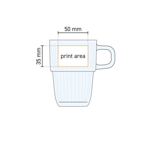 Drukgebied en werktekening van Barshine Latte glas 31,5 cl. voor logoplaatsing in detail.