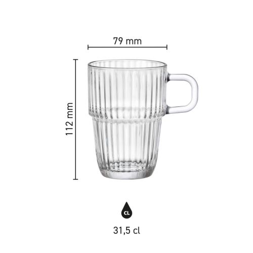 Infographic met afmetingen van Barshine Latte glas 31,5 cl. inclusief hoogte en diameter.