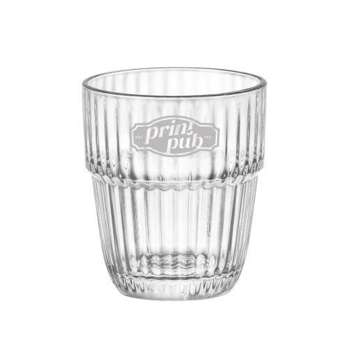 Barshine Tumbler glas van 21 cl met gegraveerd PrintPub-logo op het vooraanzicht in fijne lijnstructuur.