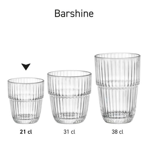Set Barshine Tumbler glazen in serie-opstelling met herhaalbare vorm en uniforme maatvoering.