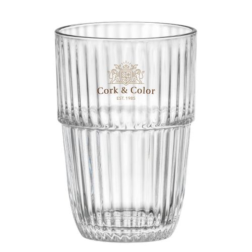 Barshine Tumbler 50 cl. glas met meerkleurig CorkColor-logo gecentreerd op het glasoppervlak.